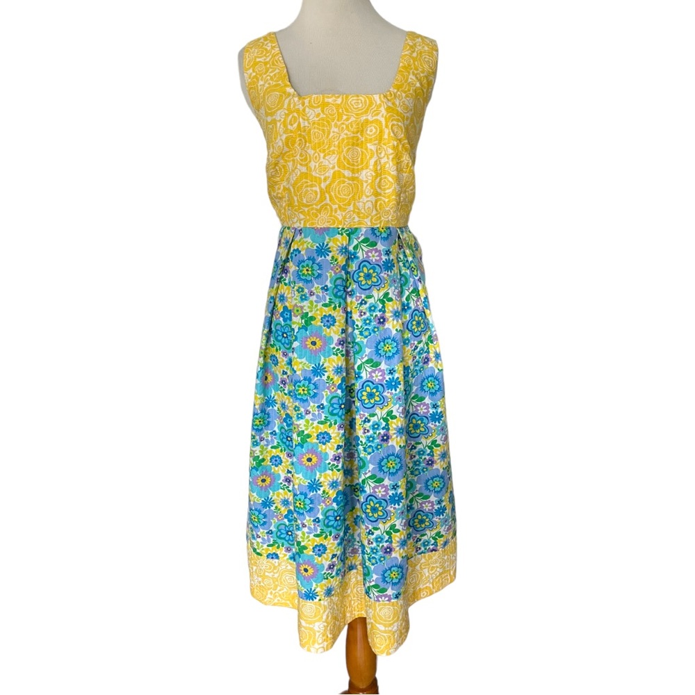 Retro spring floral dress plus size 60s flower yellow blue handmade sleeveless